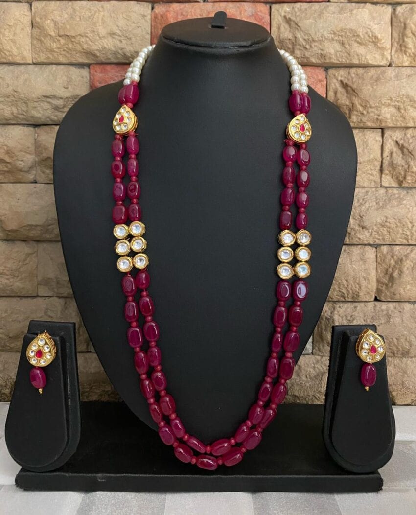 Designer Ruby Pink Jade Beads Necklace With kundan For Ladies By Gehna Shop Beads Jewellery
