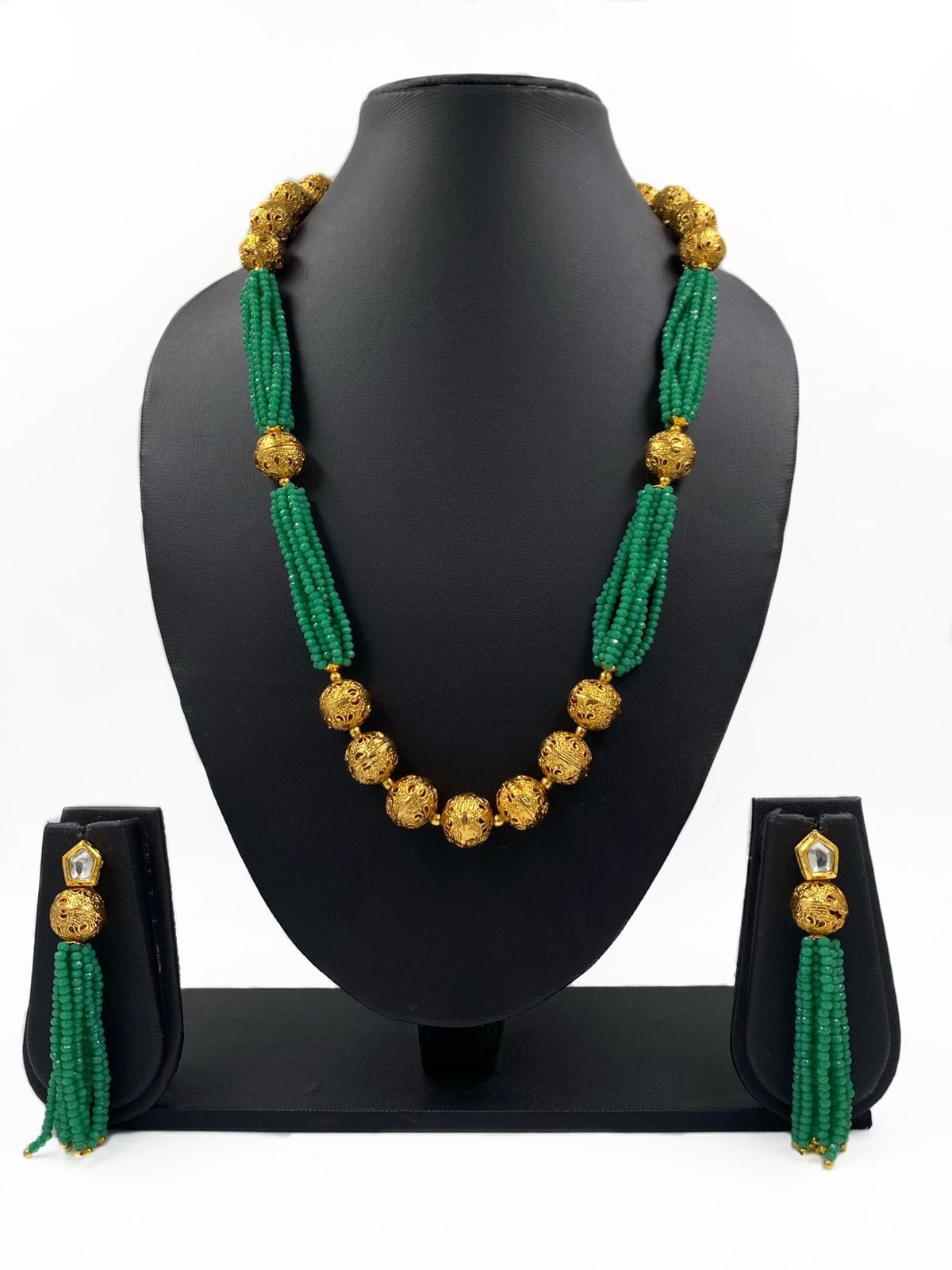 Designer Sea Green Crystal And Golden Beads Necklace For Woman By Gehna Shop Beads Jewellery