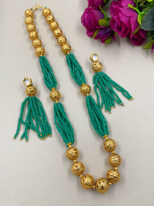 Designer Sea Green Crystal And Golden Beads Necklace For Woman By Gehna Shop Beads Jewellery