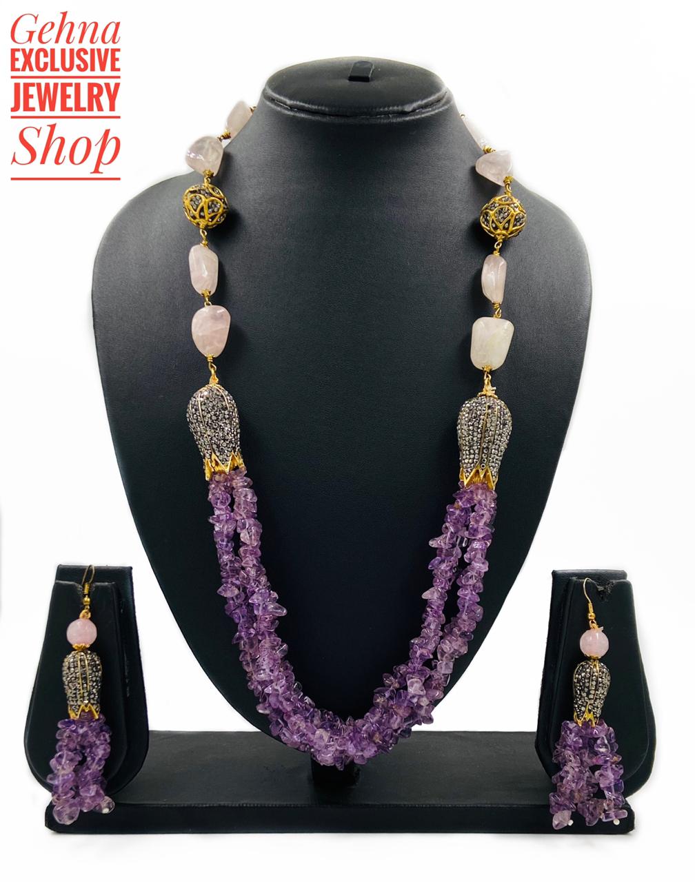 Designer Semi Precious Amethyst Beads Necklace Set For Woman Beads Jewellery