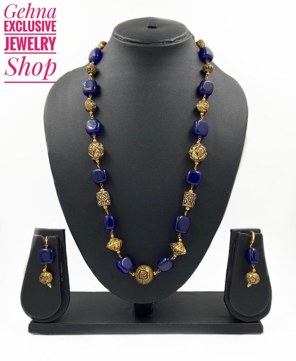Designer Semi Precious Blue Color Jade Single Strand Beaded Necklace For Woman Beads Jewellery