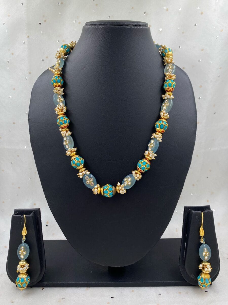 Designer Semi Precious Blue Jade And Pearls Fancy Beads Necklace By Gehna Shop Beads Jewellery
