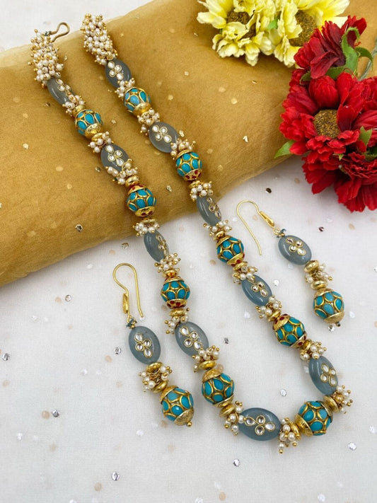 Designer Semi Precious Blue Jade And Pearls Fancy Beads Necklace By Gehna Shop Beads Jewellery