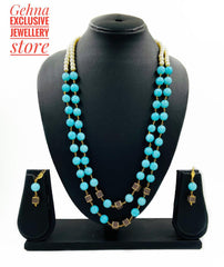 Designer Semi Precious Double layered Aqua Blue Color Jade Beaded Necklace For Woman Beads Jewellery
