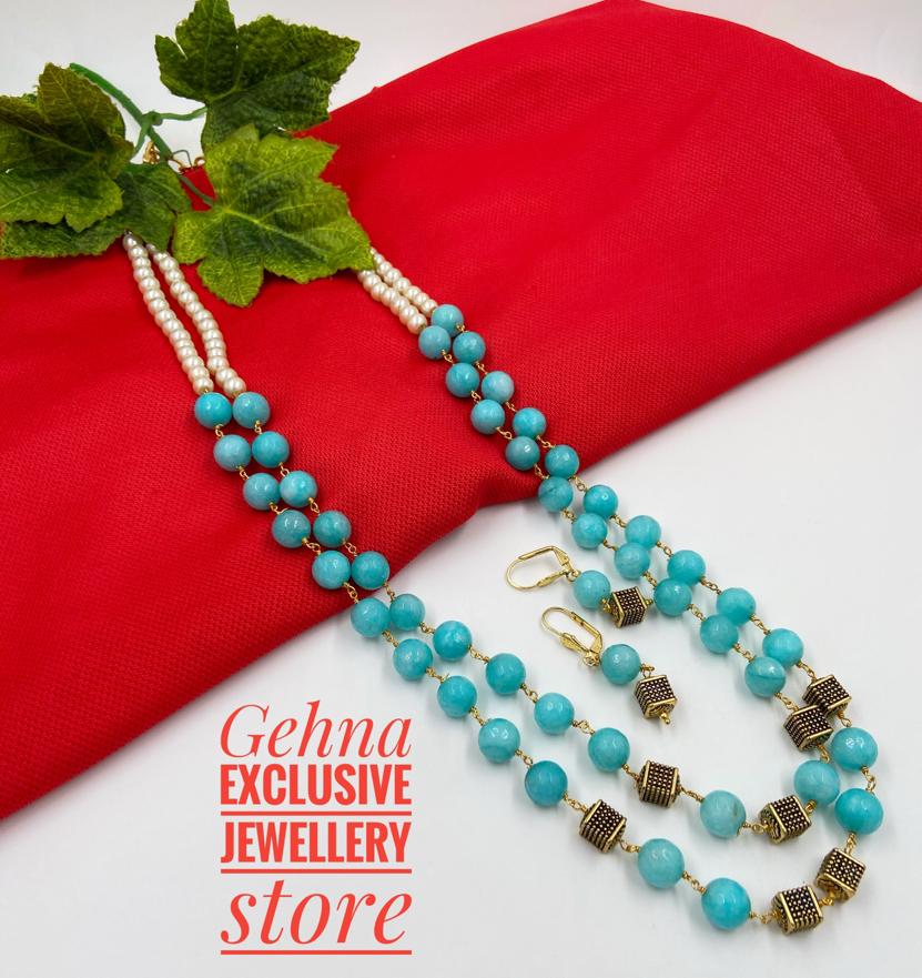 Designer Semi Precious Double layered Aqua Blue Color Jade Beaded Necklace For Woman Beads Jewellery