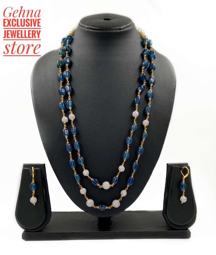 Designer Semi Precious Double Layered Blue Jade Beads Necklace Beads Jewellery