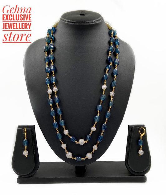 Designer Semi Precious Double Layered Blue Jade Beads Necklace Beads Jewellery