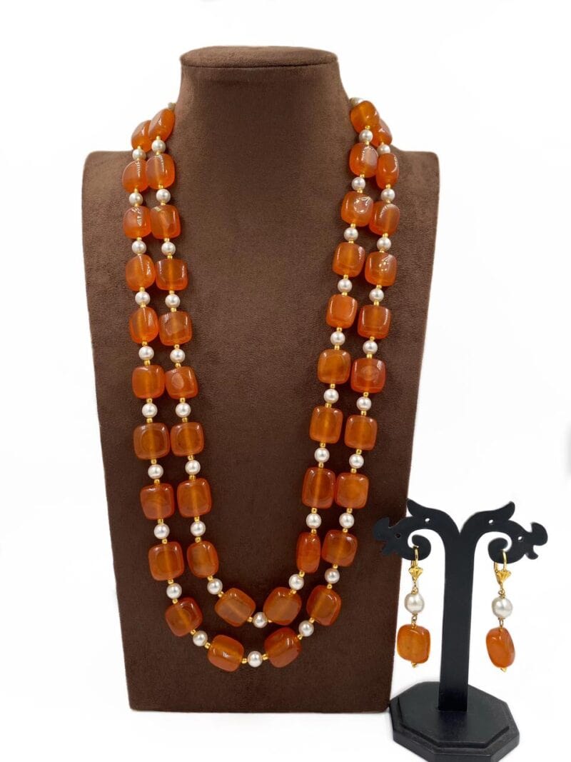 Designer Semi Precious Double Strand Orange Color Jade Beads Necklace Set Beads Jewellery