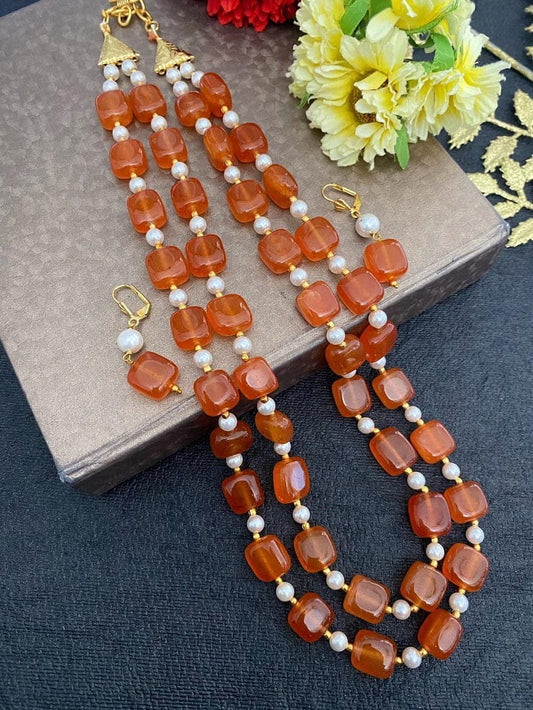 Designer Semi Precious Double Strand Orange Color Jade Beads Necklace Set Beads Jewellery