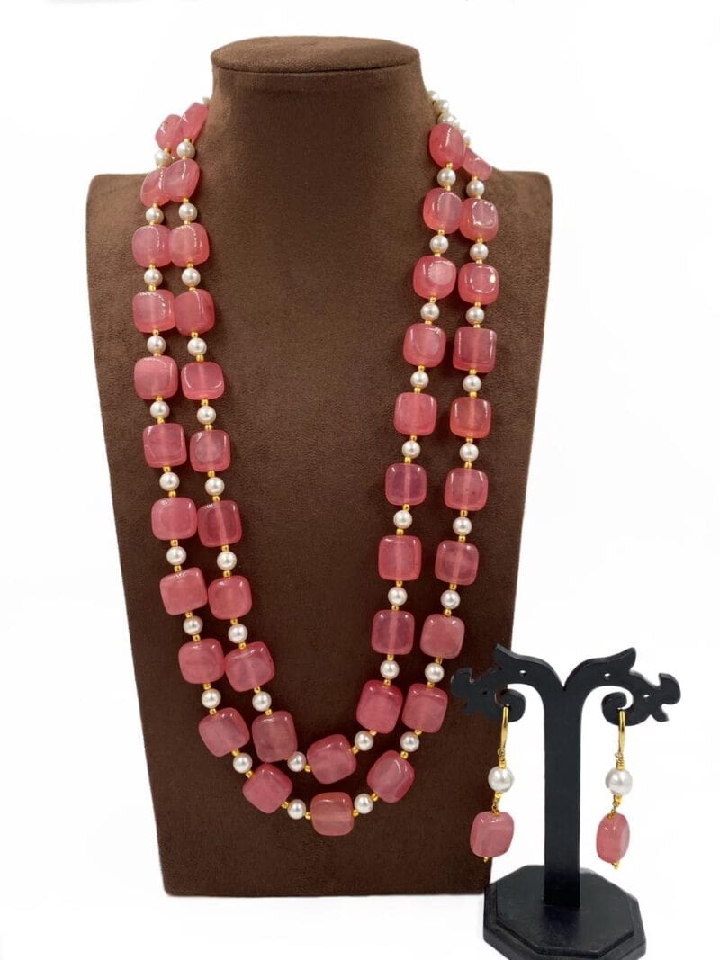 Designer Semi Precious Double Strand Rose Pink Color Jade Beads Necklace Set Beads Jewellery