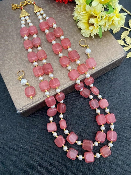 Designer Semi Precious Double Strand Rose Pink Color Jade Beads Necklace Set Beads Jewellery