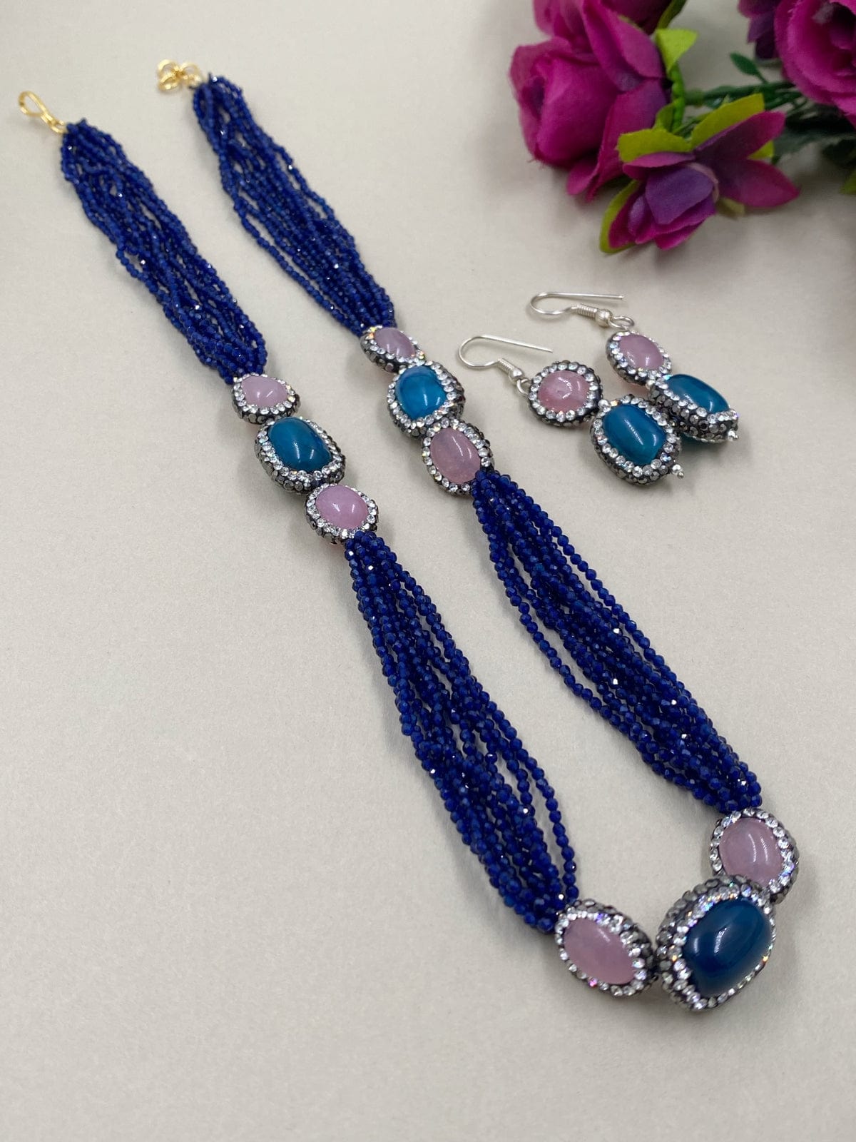 Cobalt Blue with Aventurina Murano Glass Beaded Necklace 26 Inches with 1  1/4 Inch Extender, Silver Tone Clasp and Murano Tag