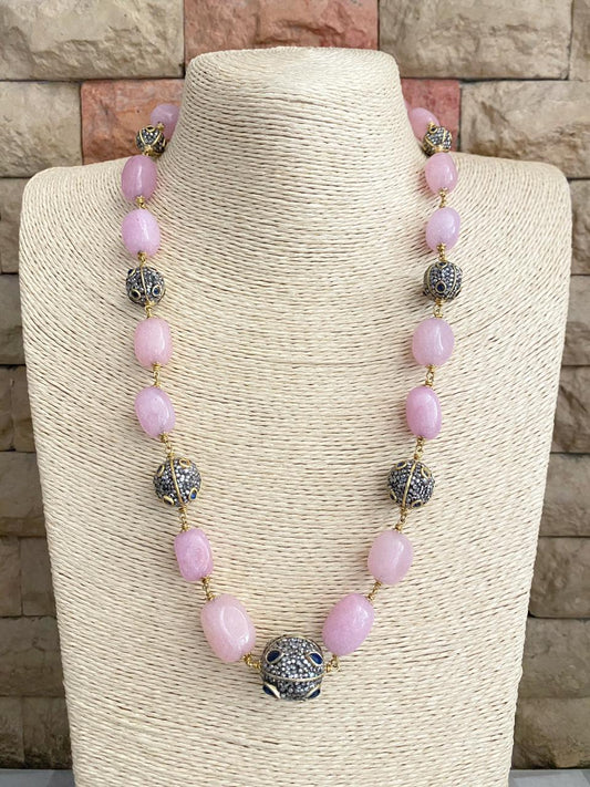 Designer Semi Precious Long Rose Quartz Beaded Necklace By Gehna Shop Beads Jewellery