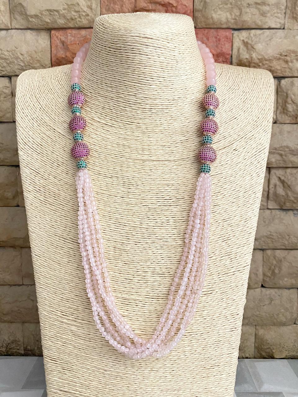 Designer Semi Precious Long Rose Quartz Beads Necklace By Gehna Shop
