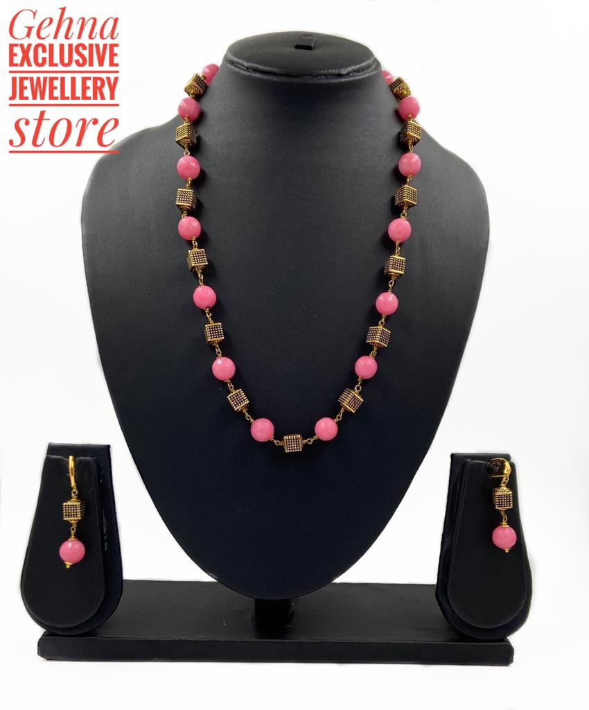Designer Semi Precious Peach Color Jade Beaded Necklace For Woman Beads Jewellery