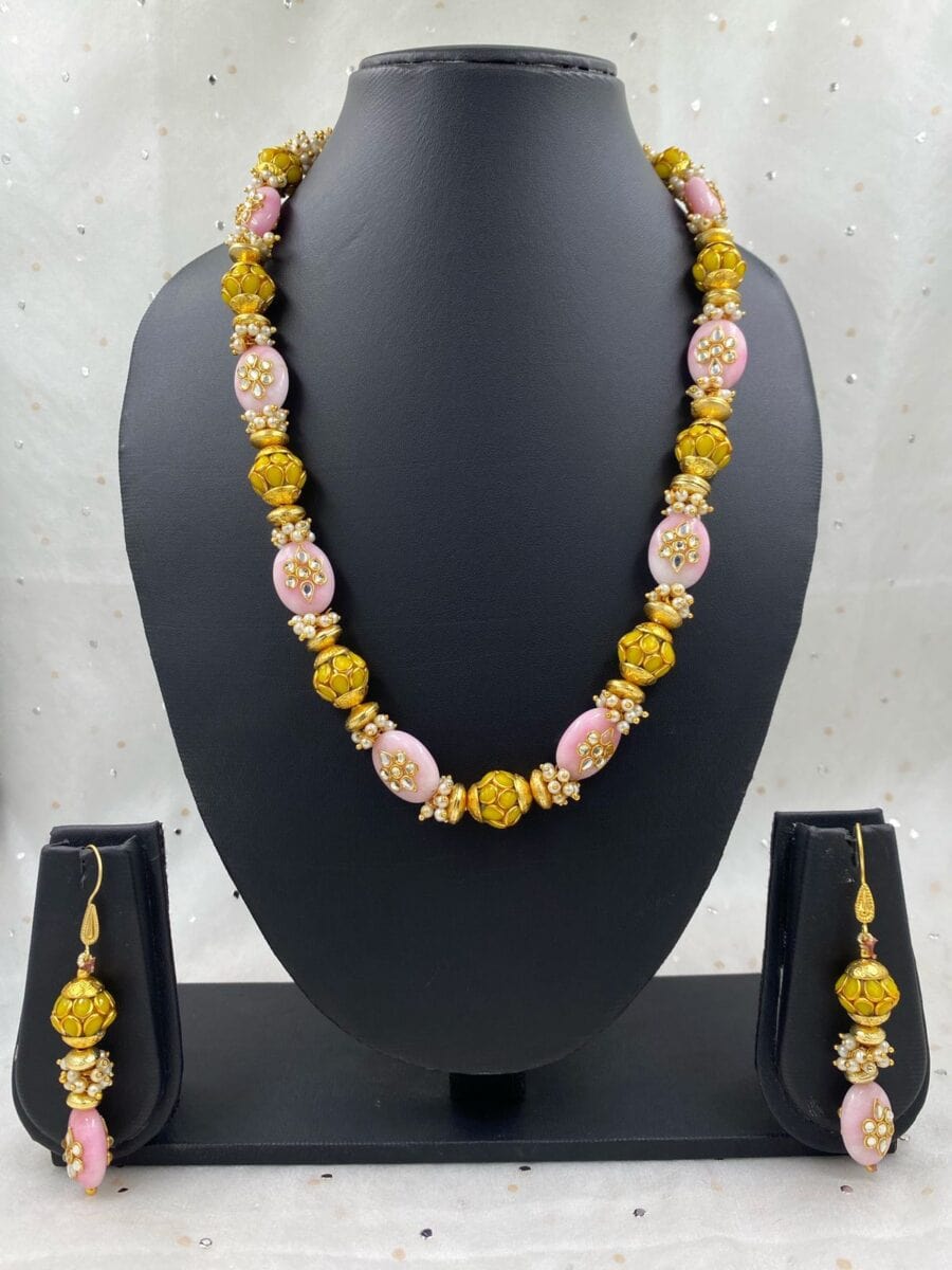 Designer Semi Precious Pink Jade And Pearls Fancy Beads Necklace By Gehna Shop Beads Jewellery
