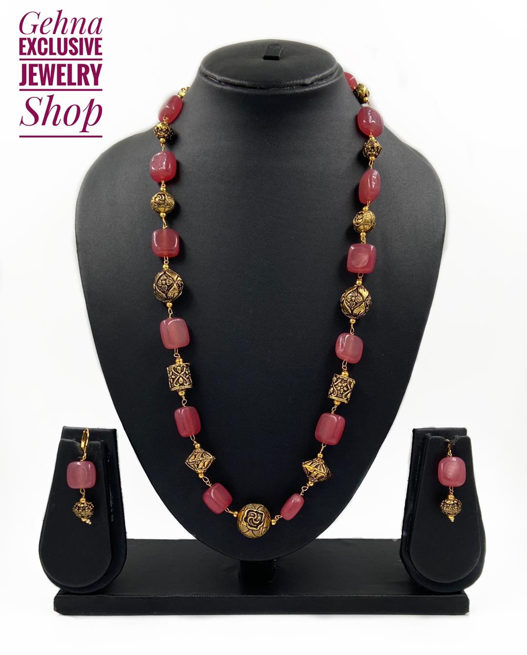 Designer Semi Precious Pink Jade Single Strand Beaded Necklace For Woman Beads Jewellery