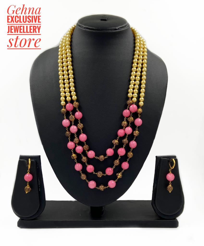 Designer Semi Precious Pink Jade Triple Layered Beads Necklace For Woman Beads Jewellery