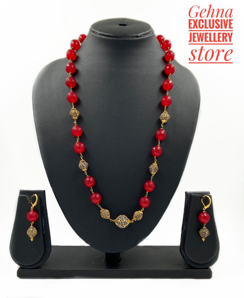 Designer Semi Precious Red Jade Single Strand Beaded Necklace For Woman Beads Jewellery