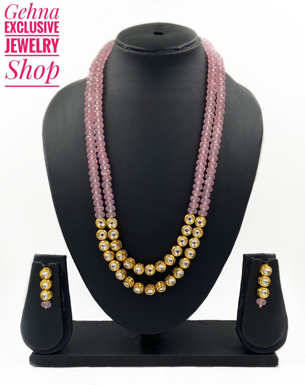 Designer Semi Precious Rose Quartz And Kundan Double Strand Beaded Necklace For Woman Beads Jewellery