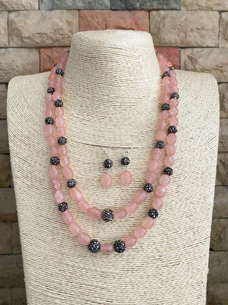 Designer Semi Precious Rose Quartz Double Layered Beads Necklace By Gehna Shop Beads Jewellery