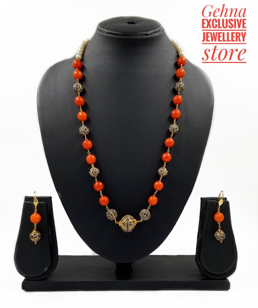 Designer Semi Precious Single Strand Orange Color Jade Beaded Necklace For Woman Beads Jewellery