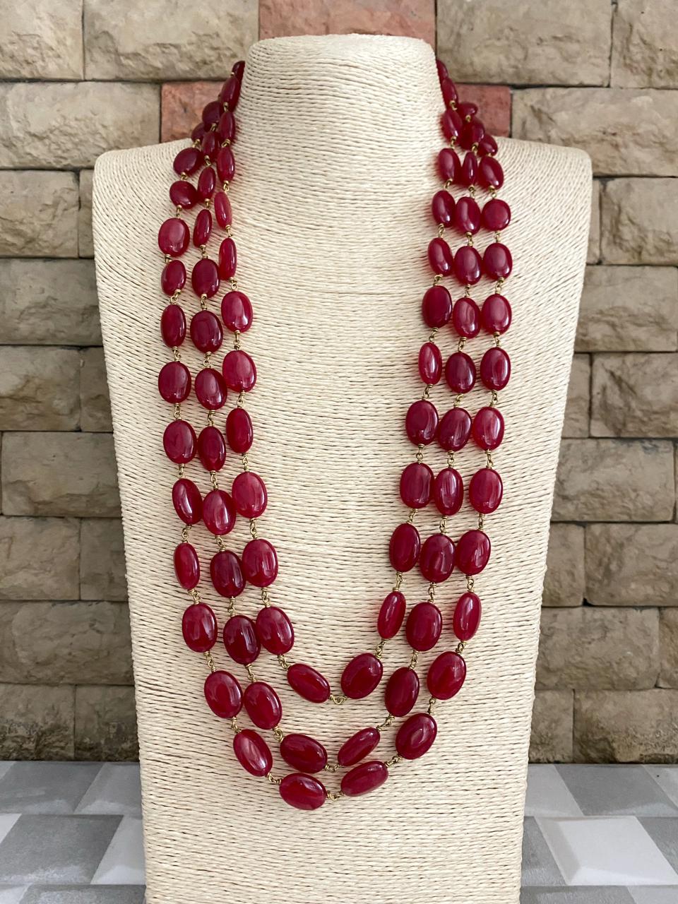 Designer Semi Precious Triple Layered Ruby Red Jade Beaded Mala Necklace For Grooms And Ladies Beads Jewellery