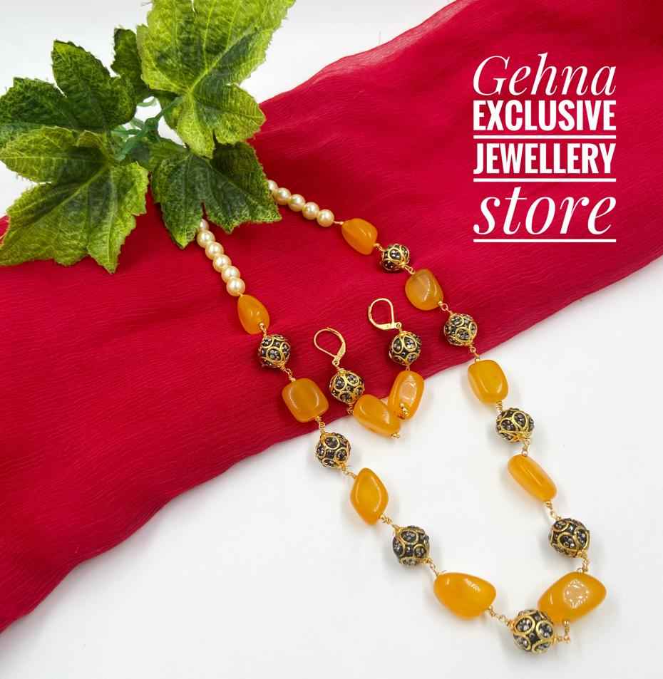 Semi Precious Yellow Onyx Single Strand Beaded Necklace Set For Woman
