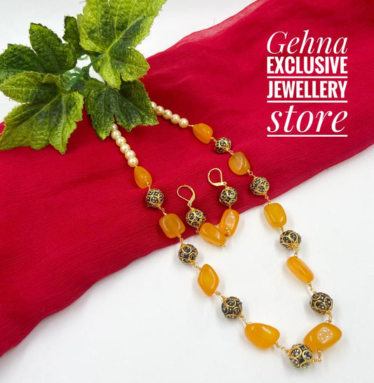 Designer Semi Precious Yellow Onyx Single Strand Beaded Necklace For Woman Beads Jewellery