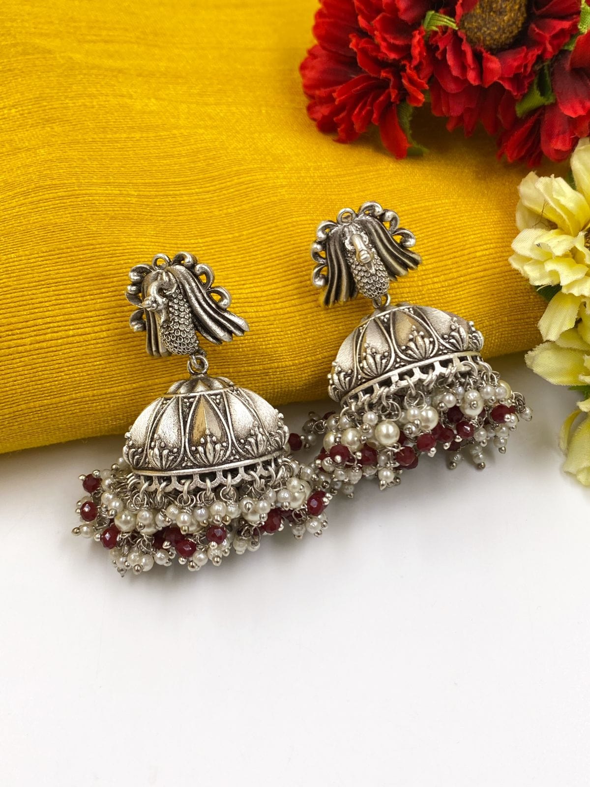 Designer Silver Plated Peacock Design Wedding Jhumka Earrings For Ladies By Gehna Shop Jhumka earrings