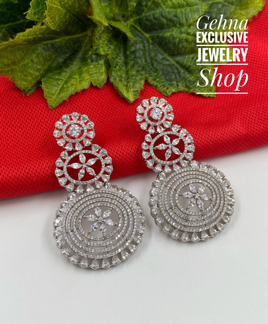 Designer Silver Toned Long Wedding Zircon Danglers Earrings for Woman Ziron Earrings