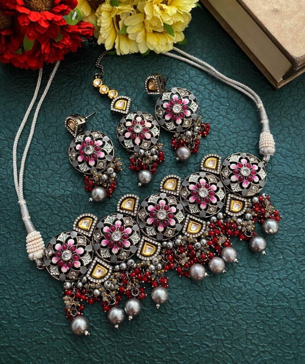 Designer Silver Toned Oxidised Kundan Choker Necklace Set By Gehna Shop Victorian Necklace Sets