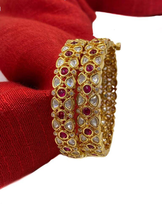 Designer Studded Ruby And Polki Bangles Set For Weddings Kundan Bangles