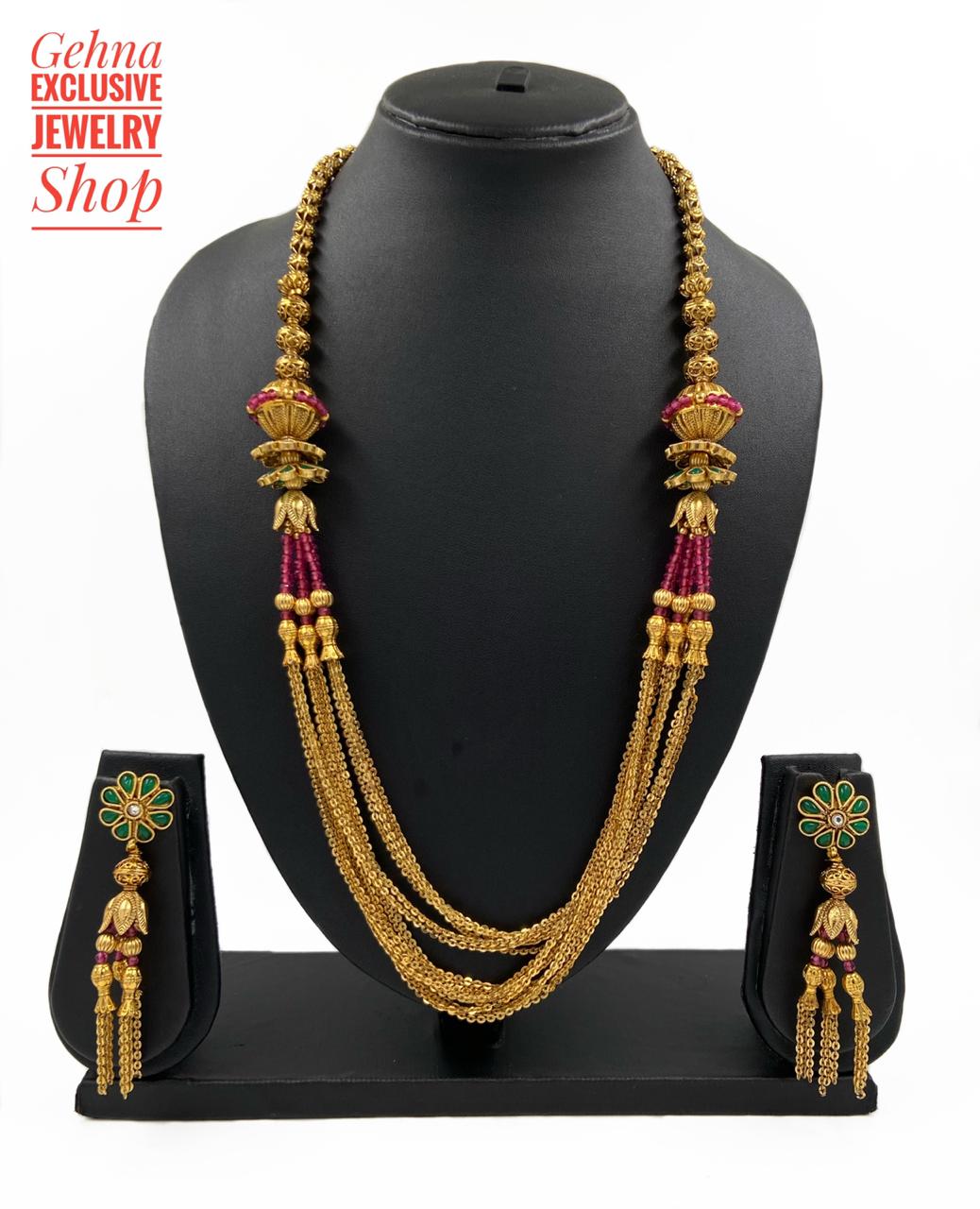Designer Traditional Antique Gold Plated Long Chains Beaded Necklace For Woman Beads Jewellery