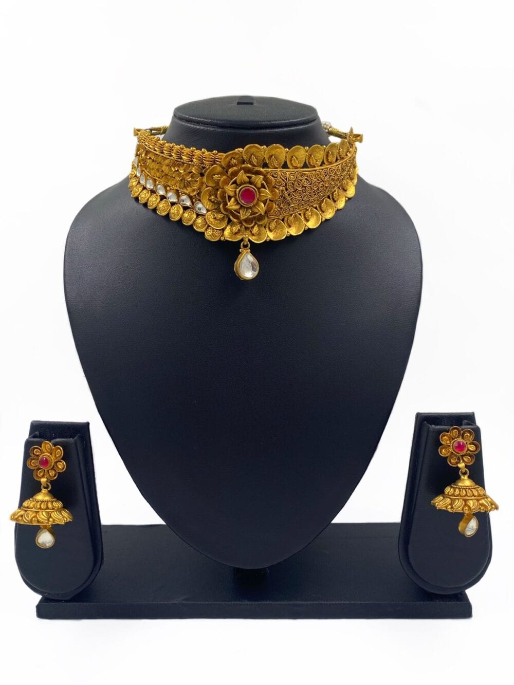 Designer Traditional Gold Plated Antique Golden Wedding Choker Necklace Set For Ladies Choker Necklace Set