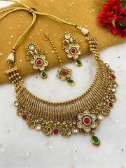 Designer Traditional Gold Plated Antique Golden Wedding Necklace Set For Ladies Antique Golden Necklace Sets