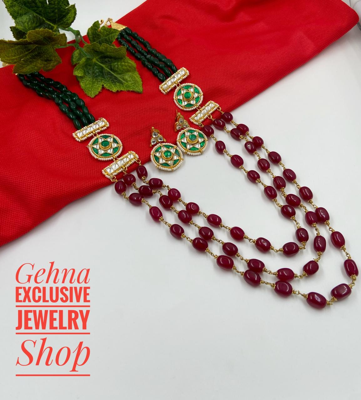 Designer Traditional Triple layered Red Jade Beads Necklace Set By Gehna Shop Beads Jewellery