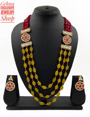 Designer Traditional Triple layered Yellow Jade Beads Necklace Set By Gehna Shop Beads Jewellery