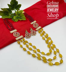 Designer Traditional Triple layered Yellow Jade Beads Necklace Set By Gehna Shop Beads Jewellery