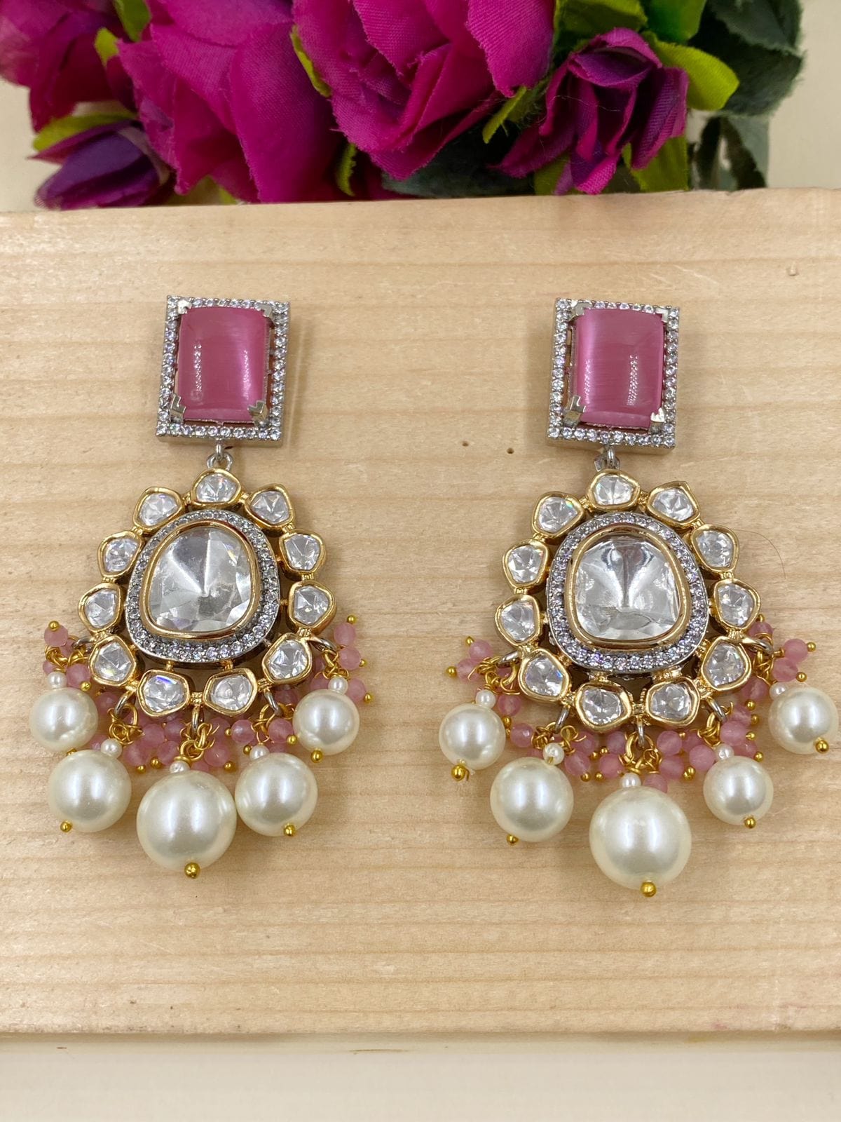 Designer Two Tone Polish Victorian Uncut Polki Long Earrings For Weddings Kundan Earrings