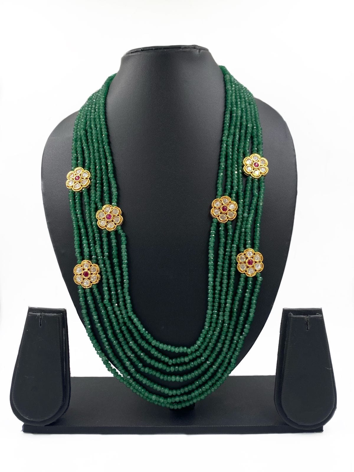 Designer Unisex Multilayered Kundan Brooch And Green Jade Beads Necklace Beads Jewellery