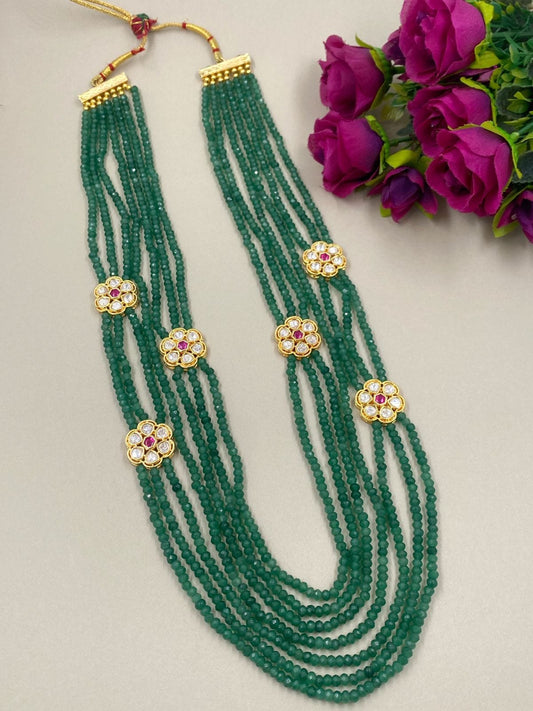 Designer Unisex Multilayered Kundan Brooch And Green Jade Beads Necklace Beads Jewellery