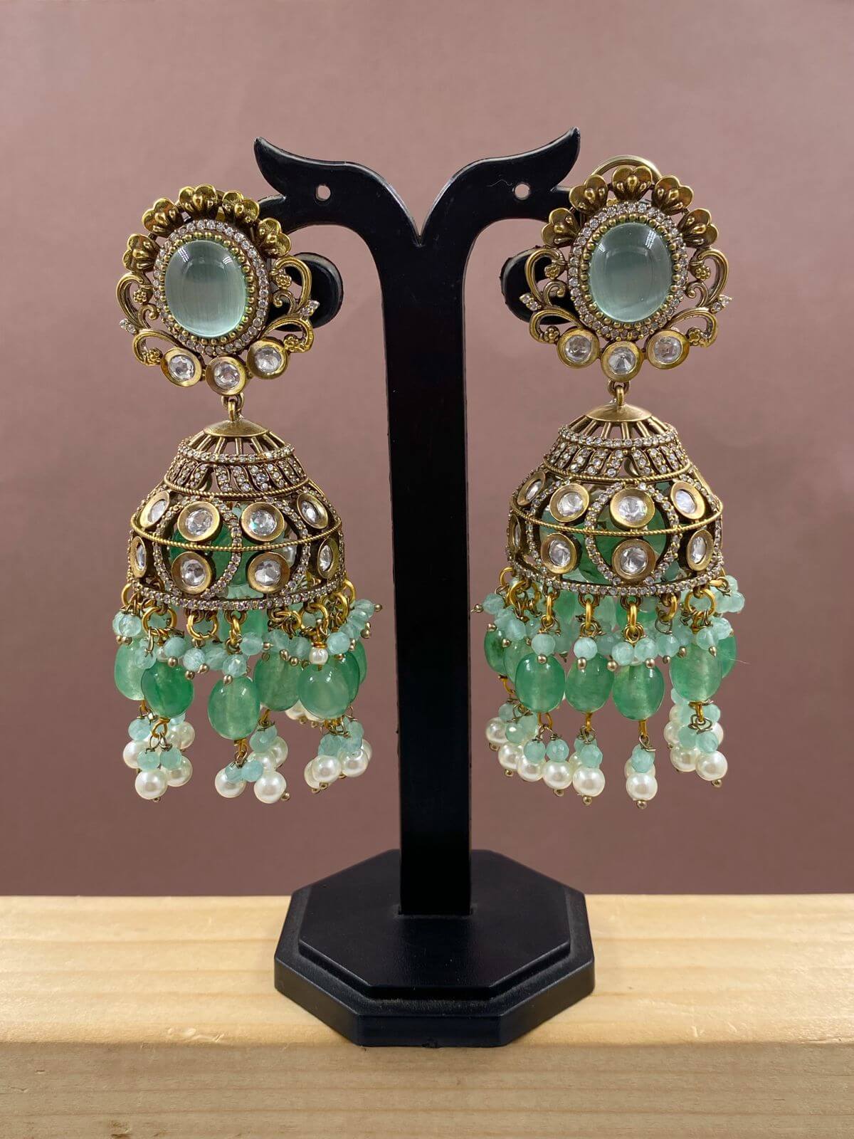 Gold Plated Sea Green & Dark Green Beaded Jhumka Earrings Design by Riana  Jewellery at Pernia's Pop Up Shop 2024