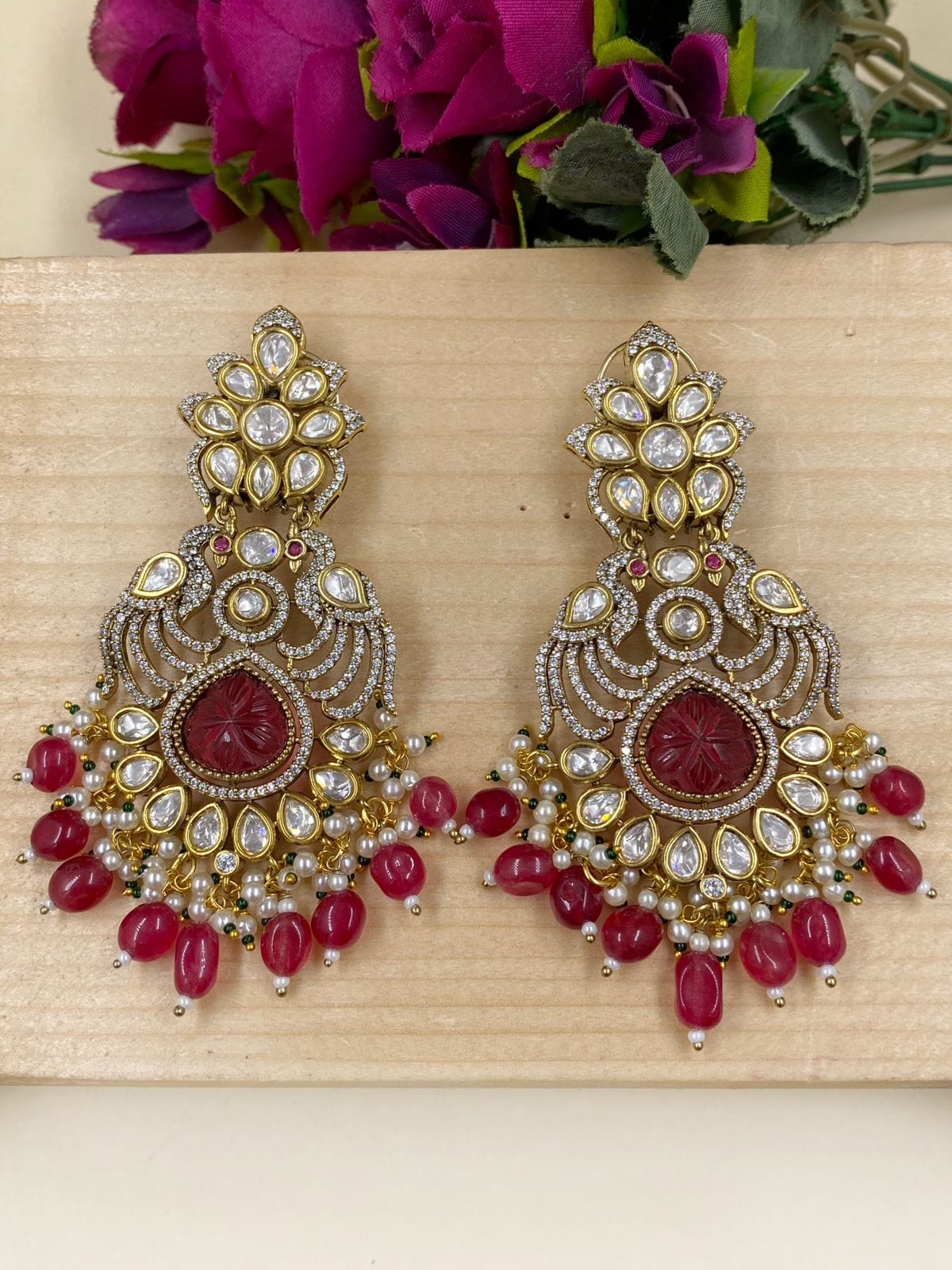 Designer Victorian Antique AD And Polki Big Chandbali Earrings For Weddings Chanbali Earrings