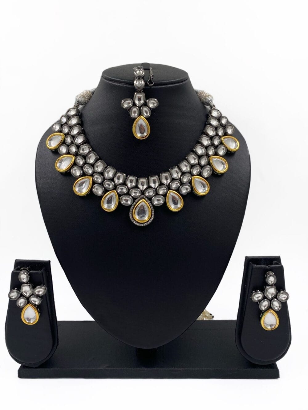 Designer Victorian Polki Oxidized Kundan Necklace Set With Maang Tikka For Women By Gehna Shop Victorian Necklace Sets