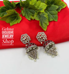 Designer Wedding Wear Red Meenakari Victorian Oxidized Kundan Jhumki Earrings Jhumka earrings