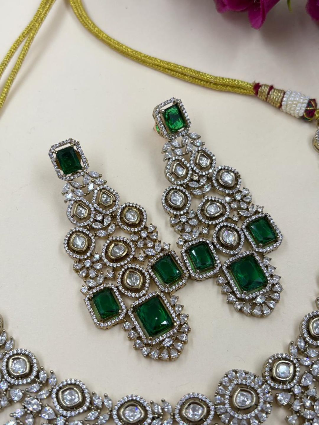 Victorian Finish Statement Look Green Emerald And Polki Wedding Jewellery Set