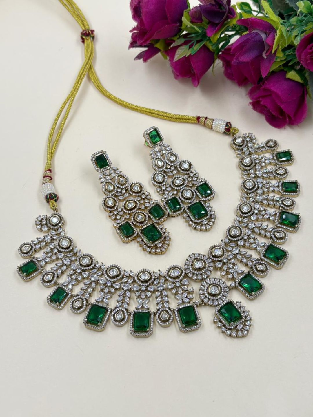 Victorian Finish Statement Look Green Emerald And Polki Wedding Jewellery Set