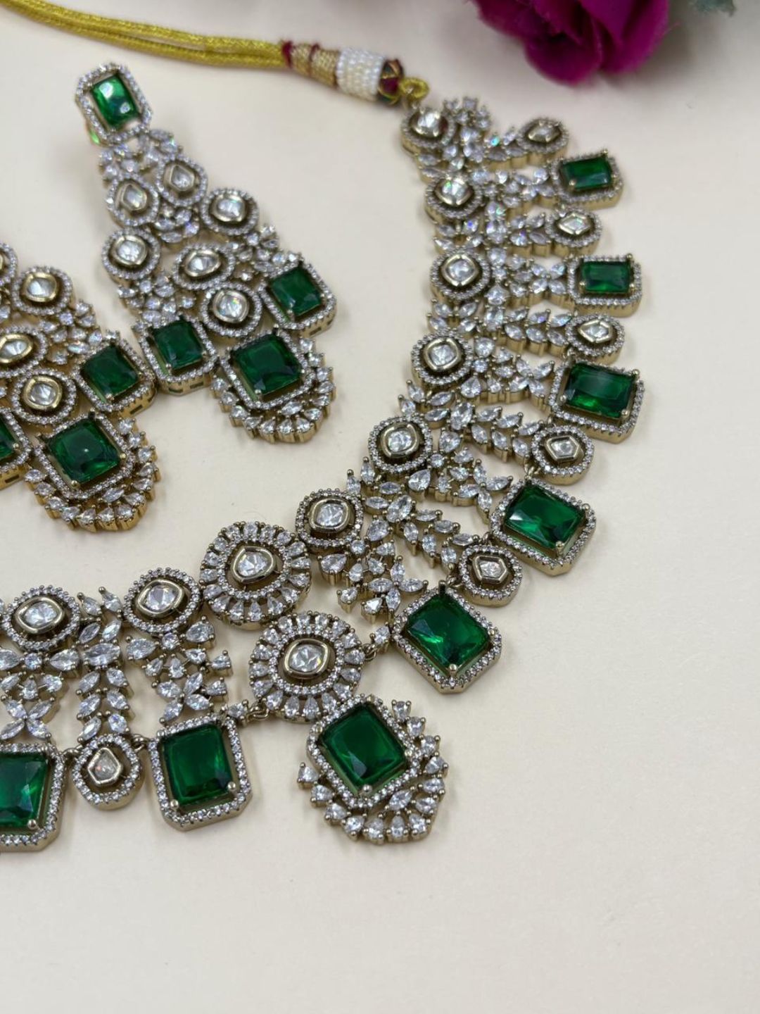 Victorian Finish Statement Look Green Emerald And Polki Wedding Jewellery Set