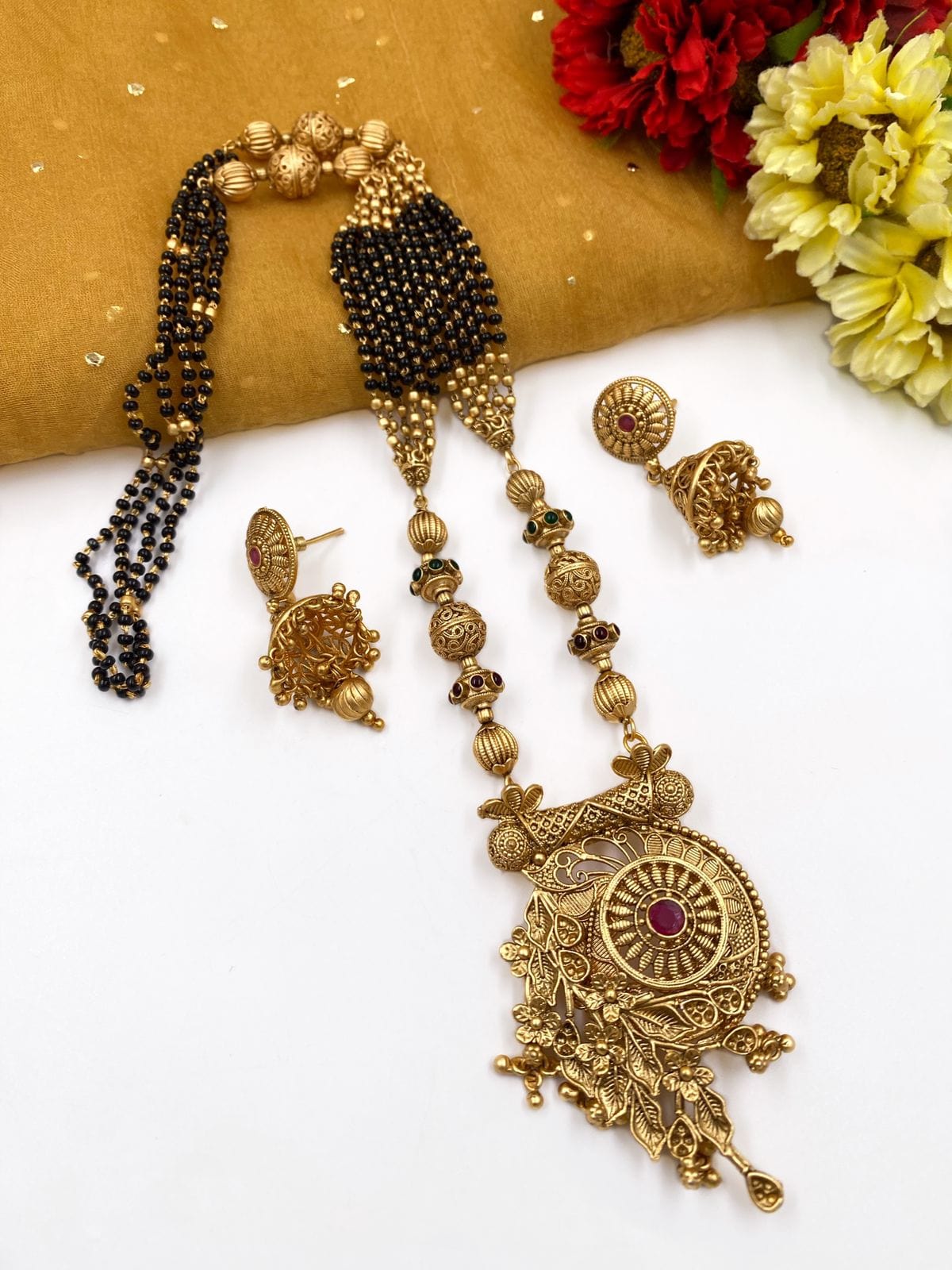 Ethnic Matt Finish Long Golden Mangalsutra Necklace Set For Ladies By Gehna Shop Mangalsutras